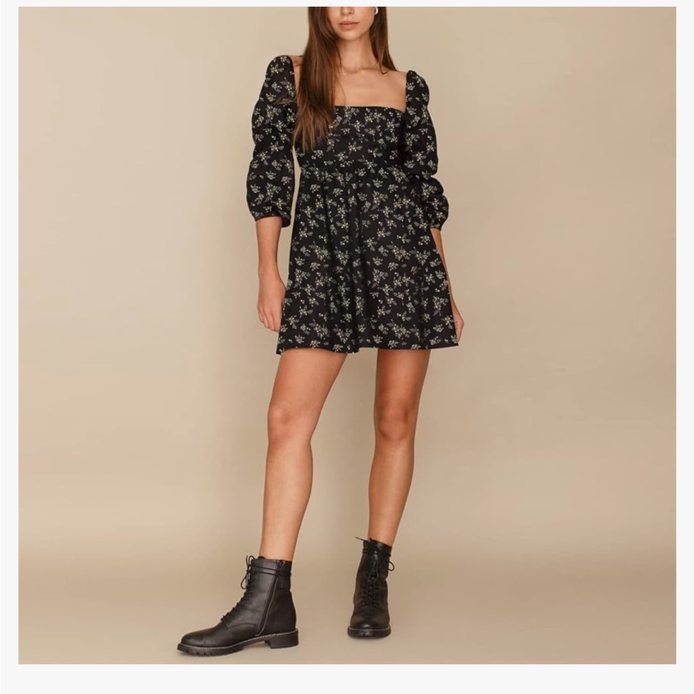 🤍NWT🤍 EXLURA | BLACK FLORAL PUFF LONG SLEEVE MINI DRESS | SIZE SMALL